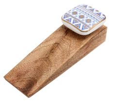 Blue Border Design Square Ceramic Wooden Door Stoper